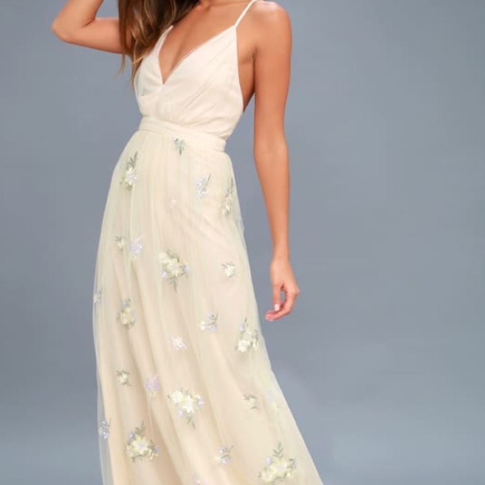 Lulus Lorenzo Beige Embroidered Maxi Dress